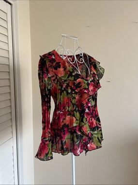 Size M | Allison Taylor | Black Floral Ruffle V-Neck Blouse with Pink & Green